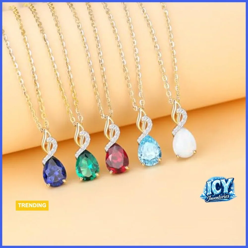 14K Solid Yellow Gold Teardrop Pendant Necklace with Diamond Birthstone - Picture 6 of 7